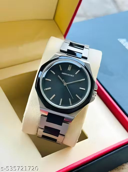 Premium Watch for Men with Two-Tone Black and Silver Colored Chain Watch for Men Stainless Steel and Scratch Resistance