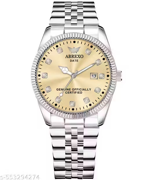ABREXO, Abx7777 – Date Working Gold Dial Simple and Stylish Look Original Silver Stainless Steel Strap Quartz Watch for Men, Men Watches, Boys Watches, Watch, All Silver Watch, Use Watch, Quartz Watch for Men, Trending Watch, Day & Date Watch.