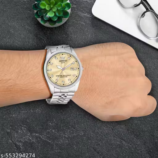 ABREXO, Abx7777 – Date Working Gold Dial Simple and Stylish Look Original Silver Stainless Steel Strap Quartz Watch for Men, Men Watches, Boys Watches, Watch, All Silver Watch, Use Watch, Quartz Watch for Men, Trending Watch, Day & Date Watch.