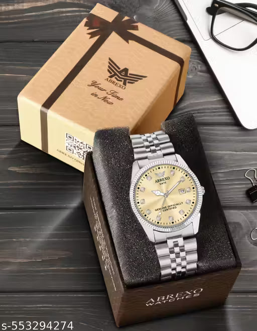 ABREXO, Abx7777 – Date Working Gold Dial Simple and Stylish Look Original Silver Stainless Steel Strap Quartz Watch for Men, Men Watches, Boys Watches, Watch, All Silver Watch, Use Watch, Quartz Watch for Men, Trending Watch, Day & Date Watch.