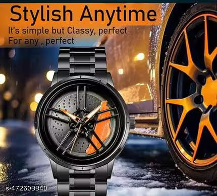 Stylish Analog Round Full Rotat Wheels e Heavy Machine Orange Dail Chain Watch For Men.