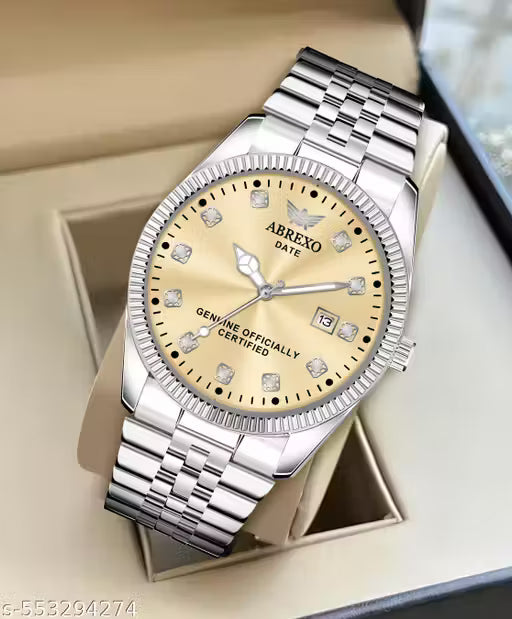 ABREXO, Abx7777 – Date Working Gold Dial Simple and Stylish Look Original Silver Stainless Steel Strap Quartz Watch for Men, Men Watches, Boys Watches, Watch, All Silver Watch, Use Watch, Quartz Watch for Men, Trending Watch, Day & Date Watch.