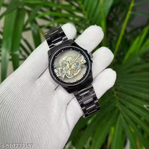 Black Skeleton Watch for Men | Asymmetrical Dial | Brass Strap | Stainless Steel Case | Quartz Analog Wristwatch | Watches | Watches for Men | Black Watches