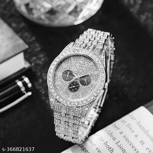 New Tranding Analog Silvar Two Tone Round Diamond Chronograph Unisex Analoge Watch