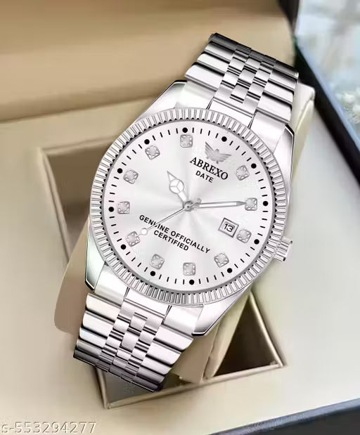 ABREXO, Abx7777 – Date Working Gold Dial Simple and Stylish Look Original Silver Stainless Steel Strap Quartz Watch for Men, Men Watches, Boys Watches, Watch, All Silver Watch, Use Watch, Quartz Watch for Men, Trending Watch, Day & Date Watch.