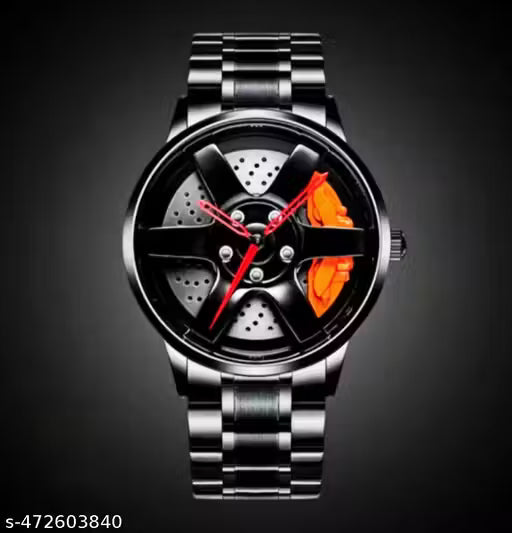 Stylish Analog Round Full Rotat Wheels e Heavy Machine Orange Dail Chain Watch For Men.