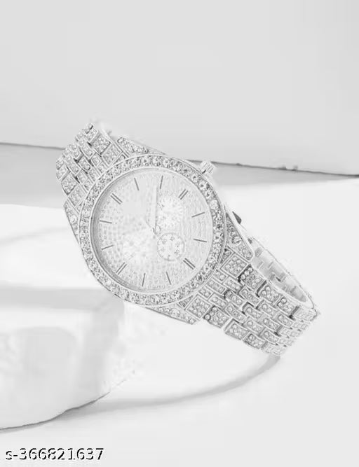 New Tranding Analog Silvar Two Tone Round Diamond Chronograph Unisex Analoge Watch